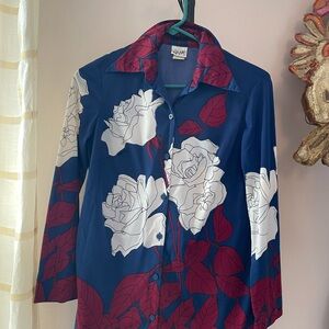 Vera Neumann Signed Floral Button-Up Nylon Shirt with Red and White Design
